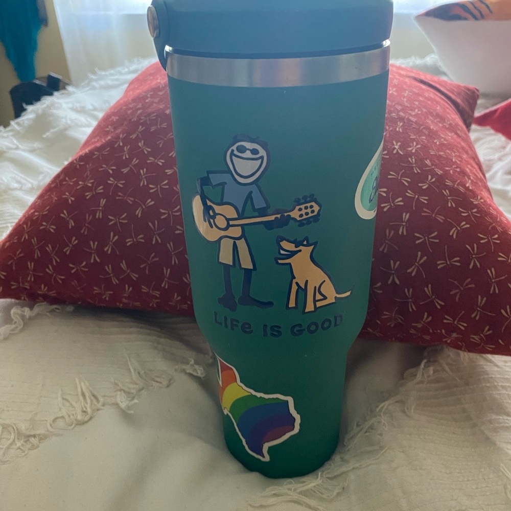 Life Is Good Green Tumbler with Guitar and Dog Design